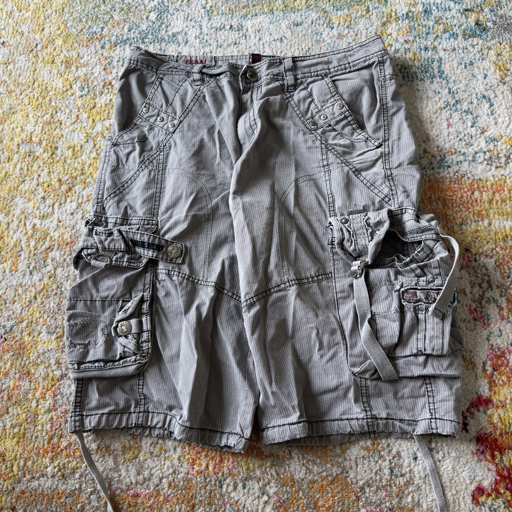 Vintage‎ F.U.S.A.I. Striped Cargo paratrooper Shorts Grey Size 32 Gorpcore Y2K